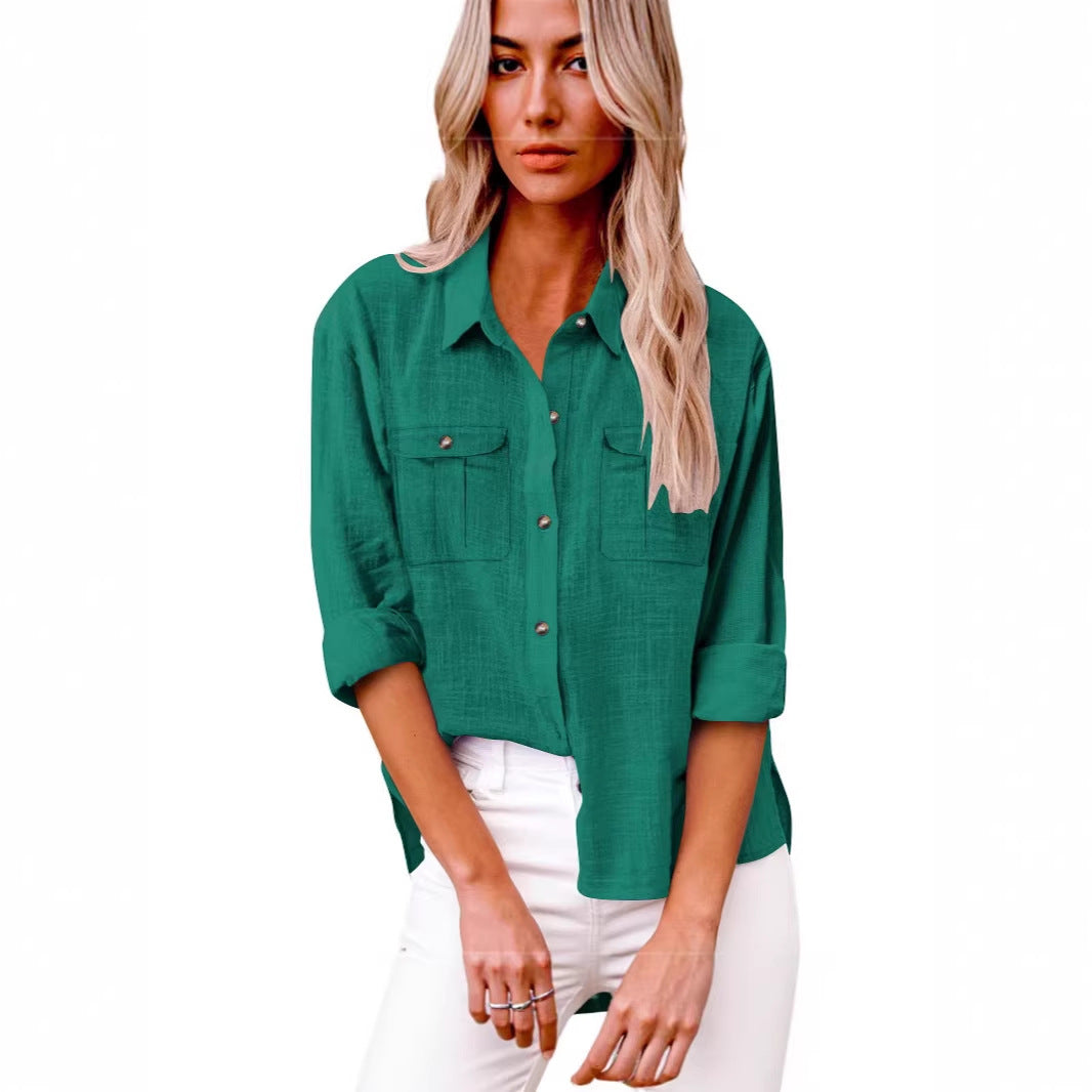 Chemisier oversize léger pour femmes en mélange de coton avec poches poitrine