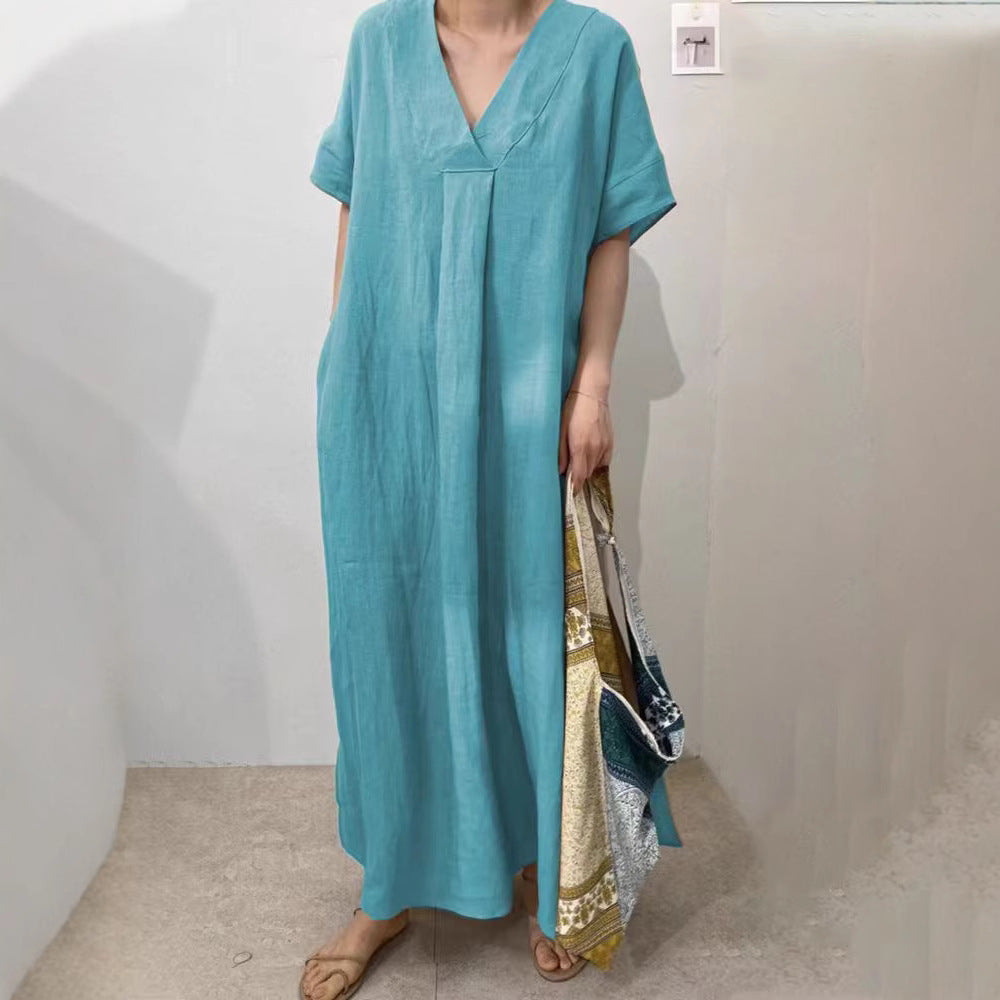 Robe longue en lin pour femmes avec décolleté en V et coupe décontractée R&B
