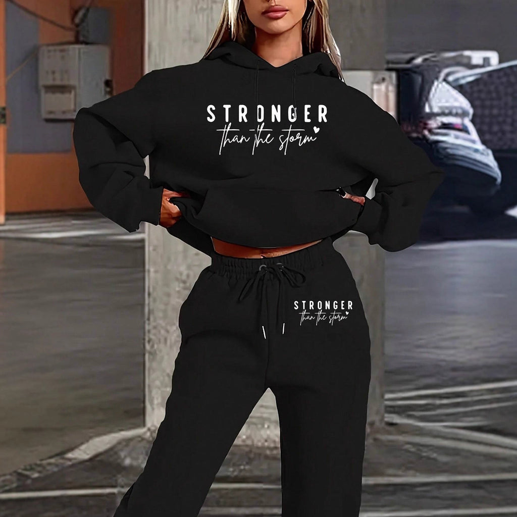Ensemble de sweat à capuche cropped et de pantalon de jogging pour femmes avec impression statement, poche kangourou et taille élastique Echo Archiv