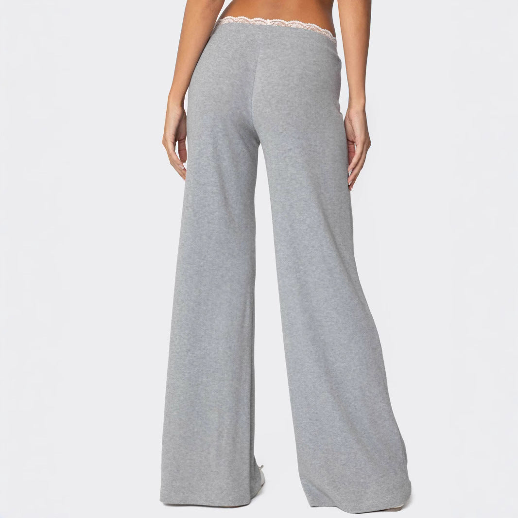 Pantalon de loisirs gris clair pour femmes avec taille élastique et finition en dentelle décorative R&B