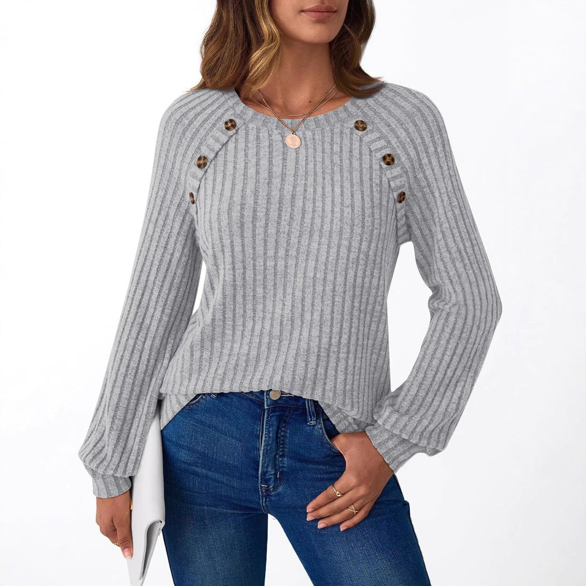 Pull en maille côtelée pour femmes avec patte de boutons décorative sur les manches raglan Echoarchiv