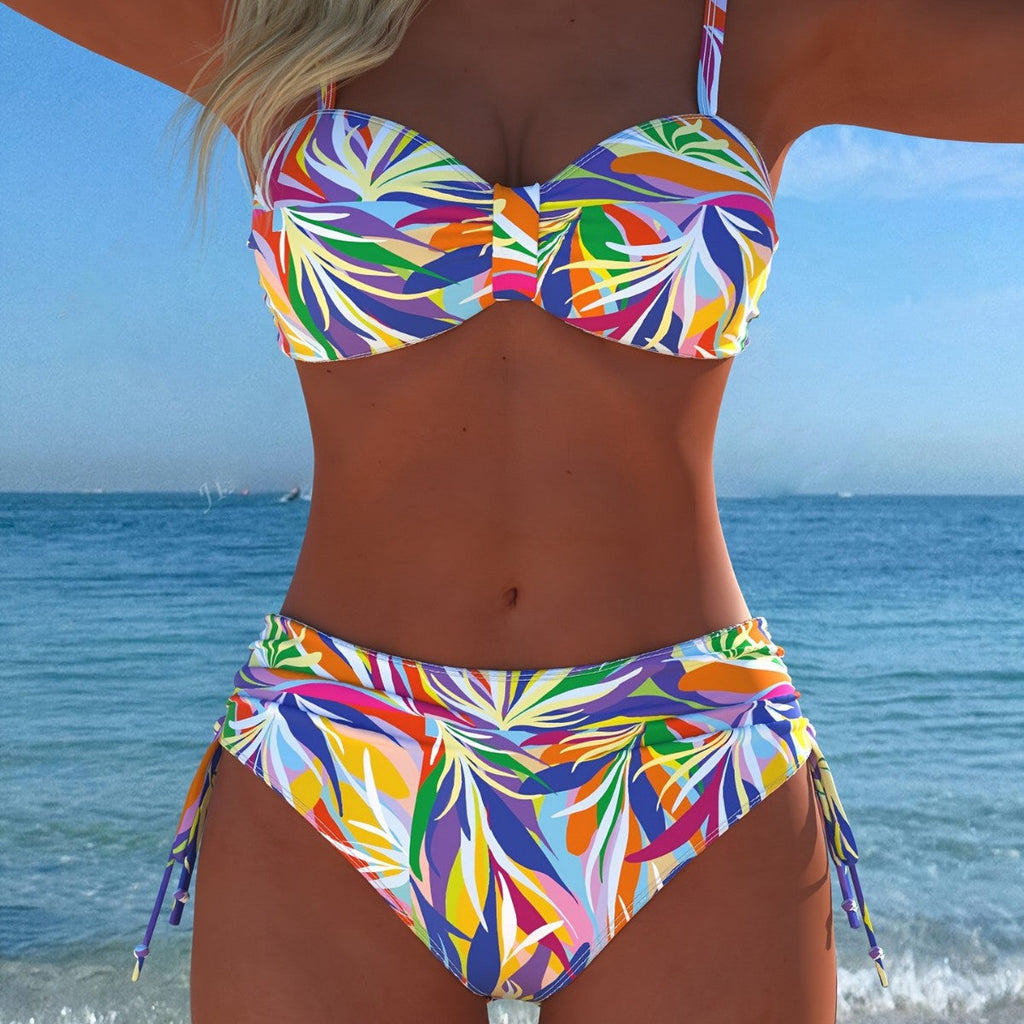 Bikini bandeau pour femmes avec un motif de plumes unique et une taille haute R&B