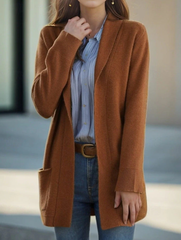 Cardigan long ouvert pour femmes en tricot doux avec poches plaquées