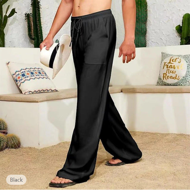 Pantalon large en lin pour hommes avec cordon de serrage, poches latérales plaquées et coupe Relaxed-Fit Echo Archiv