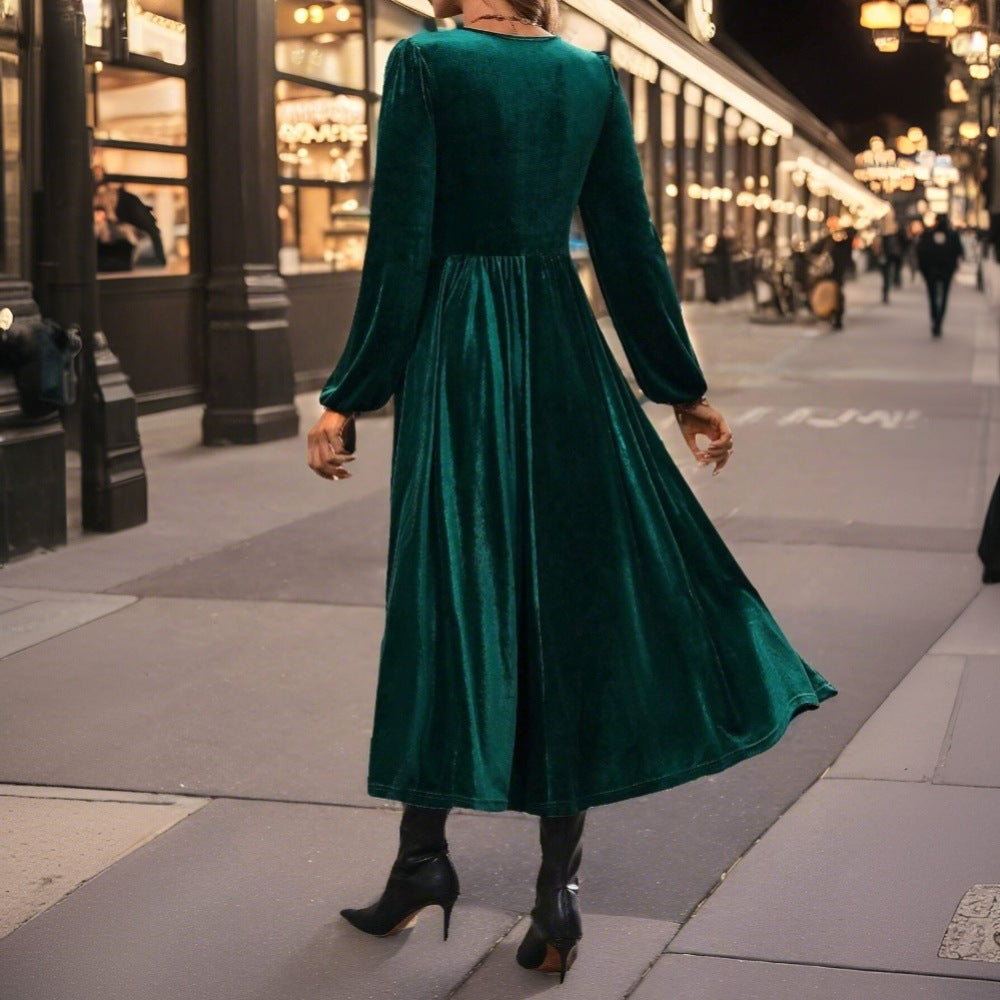 Robe midi en velours pour femmes avec bustier torsadé et jupe évasée