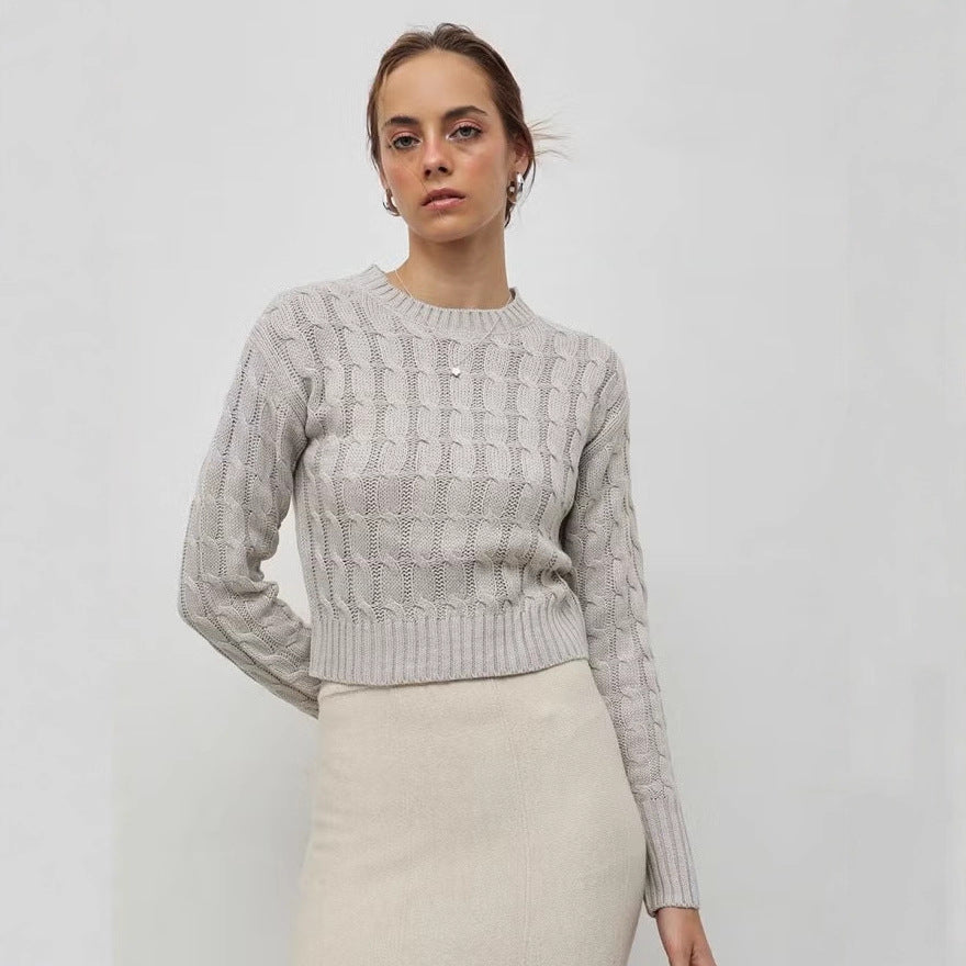 Pull en tricot torsadé pour femmes, coupe courte, col rond et bords côtelés