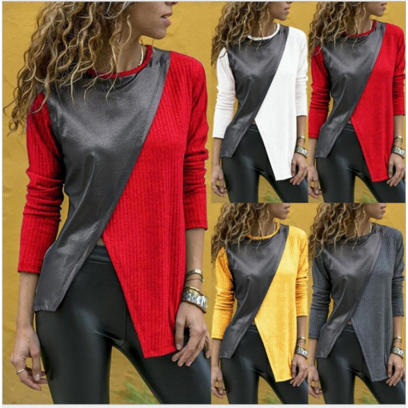 T-shirt long asymétrique pour femmes avec overlay en simili cuir et tricot côtelé Echo Archive
