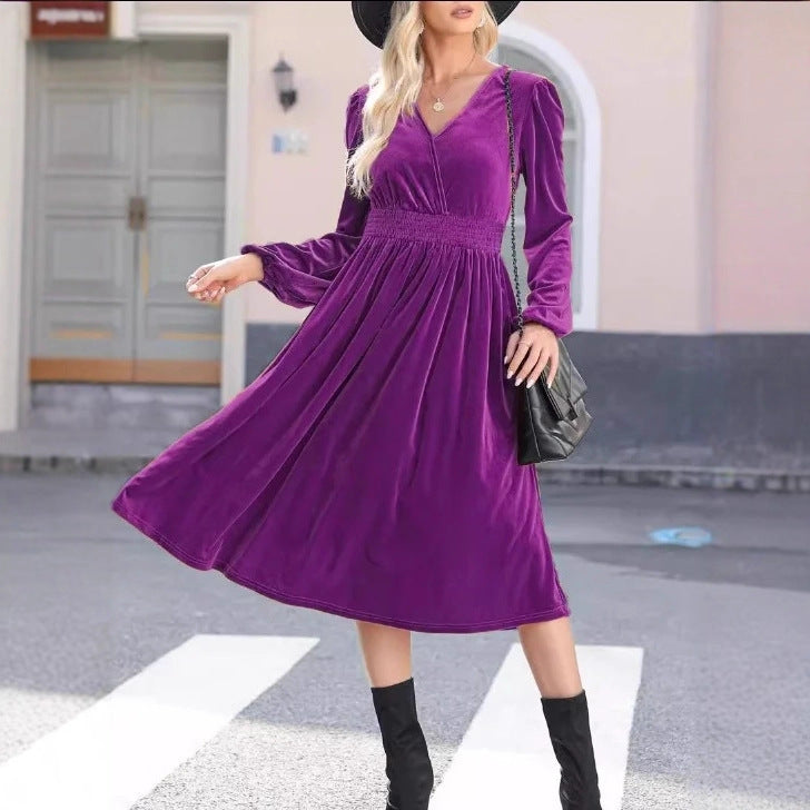 Robe midi en velours pour femmes avec décolleté en V, taille smock froncée et manches ballon longues