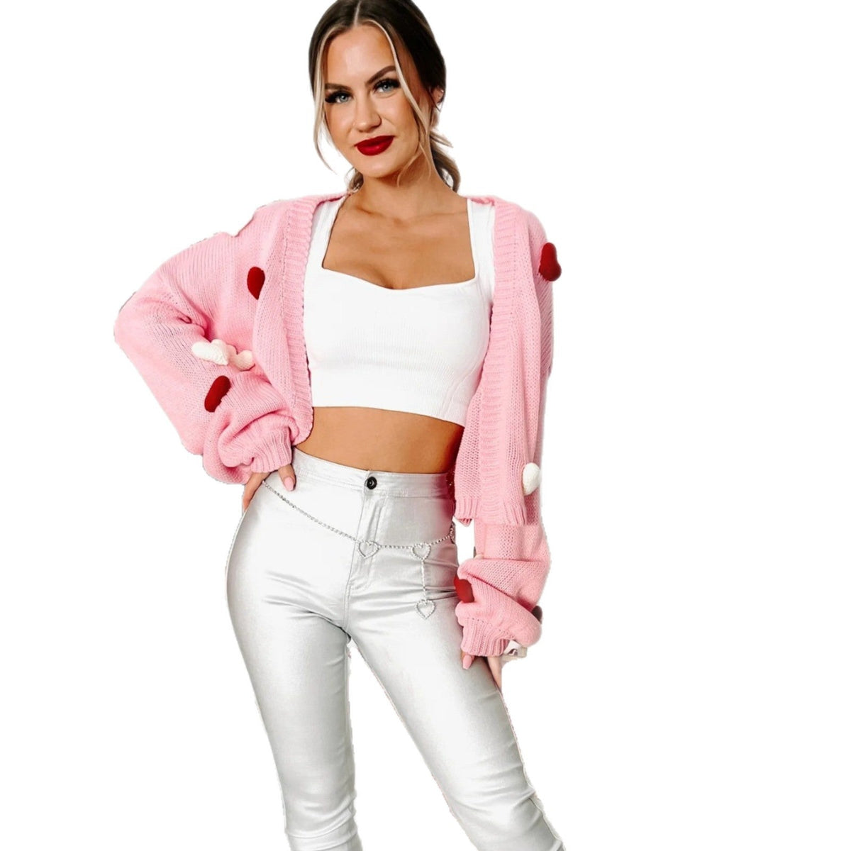 Cardigan court oversize pour femmes avec appliques en forme de cœur 3D et manches ballon larges Echoarchiv