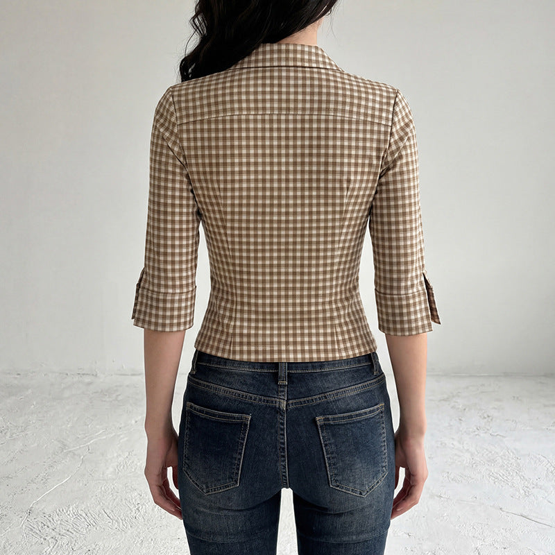 Blouse à carreaux cintrée à manches trois-quarts pour femmes avec poches poitrine et col de chemise Echo Archiv