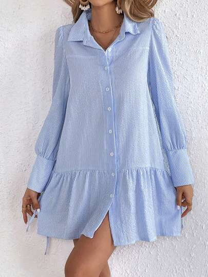 Robe chemise décontractée pour femme avec fines rayures, volants et poignets