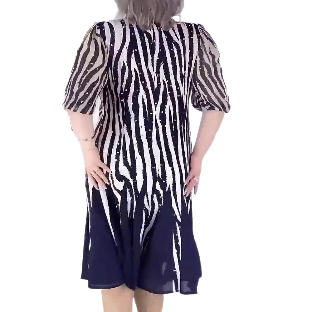 Robe midi cintrée pour femmes avec motif animal graphique, manches bouffantes transparentes et jupe plissée fluide R&B