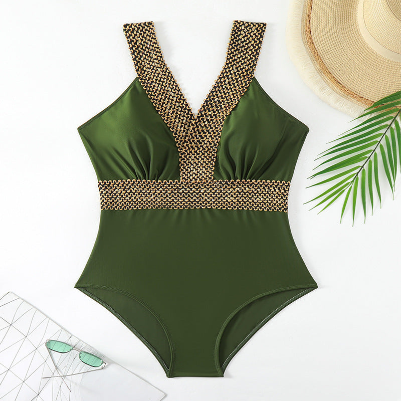 Maillot de bain une pièce pour femmes avec détails dorés décoratifs R&B