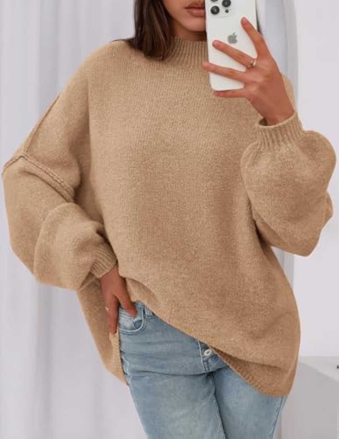 Pull en maille oversize pour femmes avec col montant et manches ballon