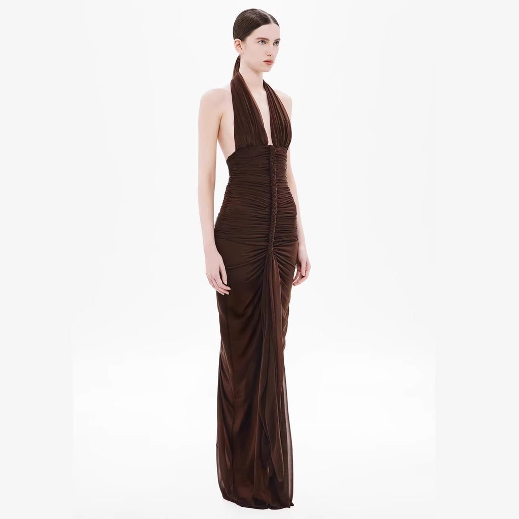 Robe maxi froncée exquise pour femmes avec décolleté en V profond et drapés élégants Heidi-Mode