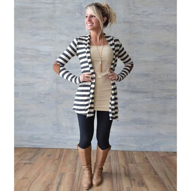 Cardigan long rayé pour femmes avec coupe waterfall ouverte et patches aux coudes Echo Archive
