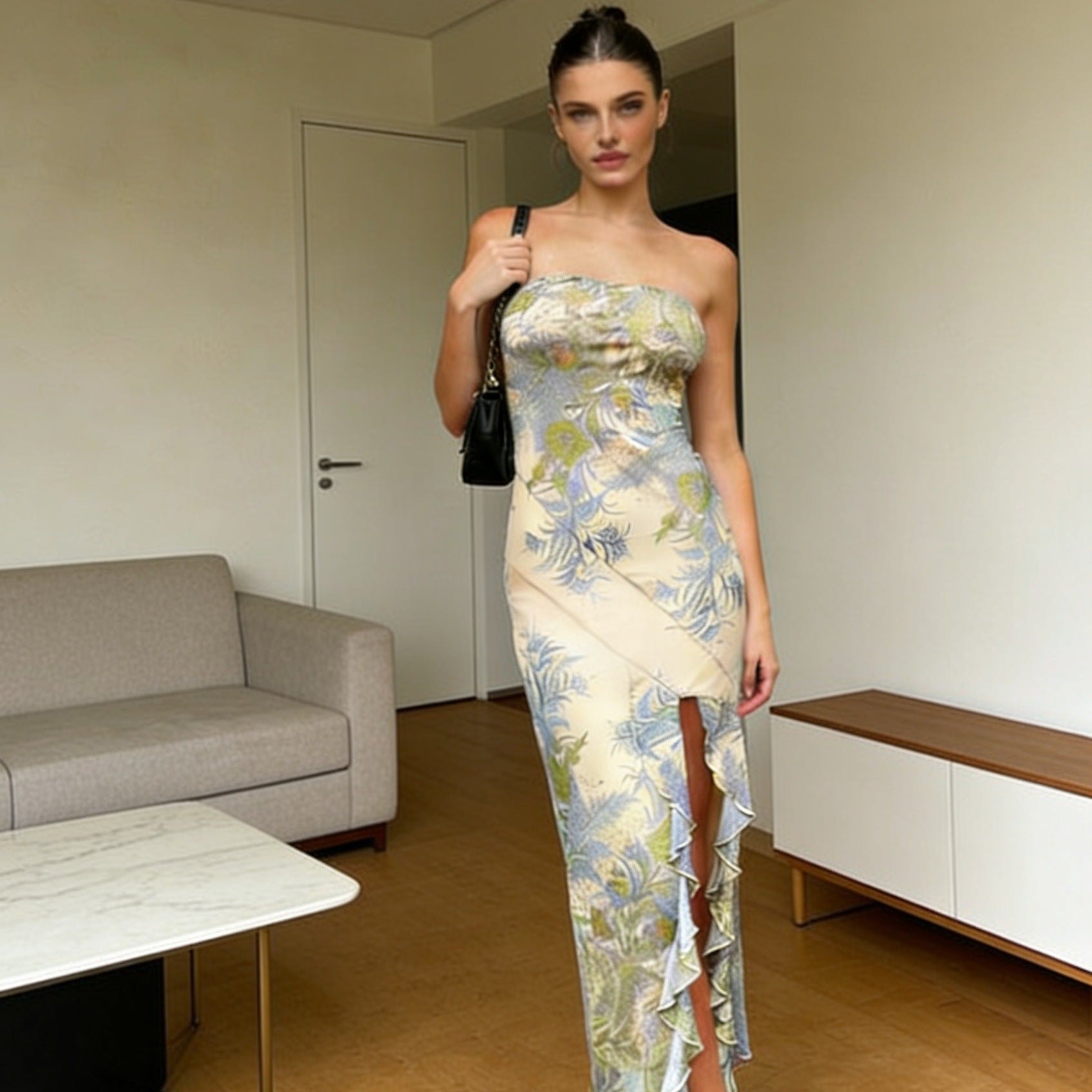 Robe maxi sans bretelles pour femmes avec volants et motif floral R&B
