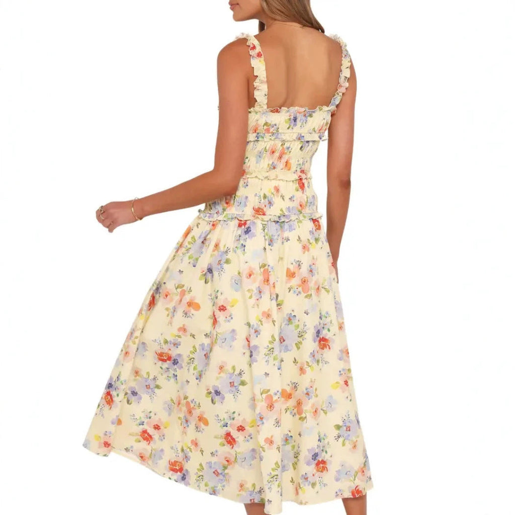 Robe midi à volants légère et aérée pour femmes avec haut froncé et bretelles à volants R&B