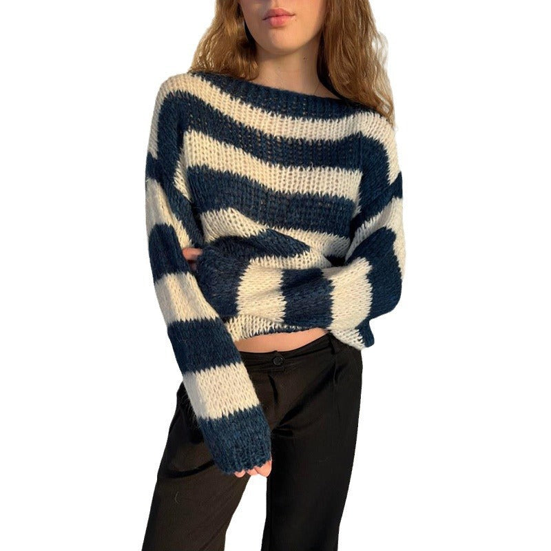 Pull en grosse maille pour femmes avec décolleté bateau large et coupe cropped Echoarchiv