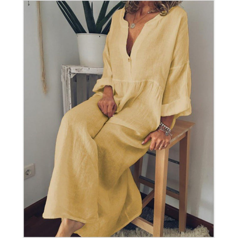 Robe maxi en lin pour femmes avec décolleté en V, taille froncée et manches 3/4 Echo Archive