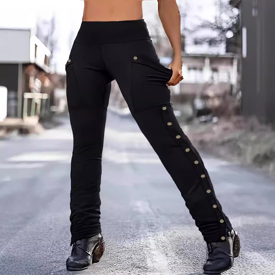 Leggings Cargo Taille Haute pour Femmes avec Détail de Bouton-pression et Jambes Fines Echoarchiv