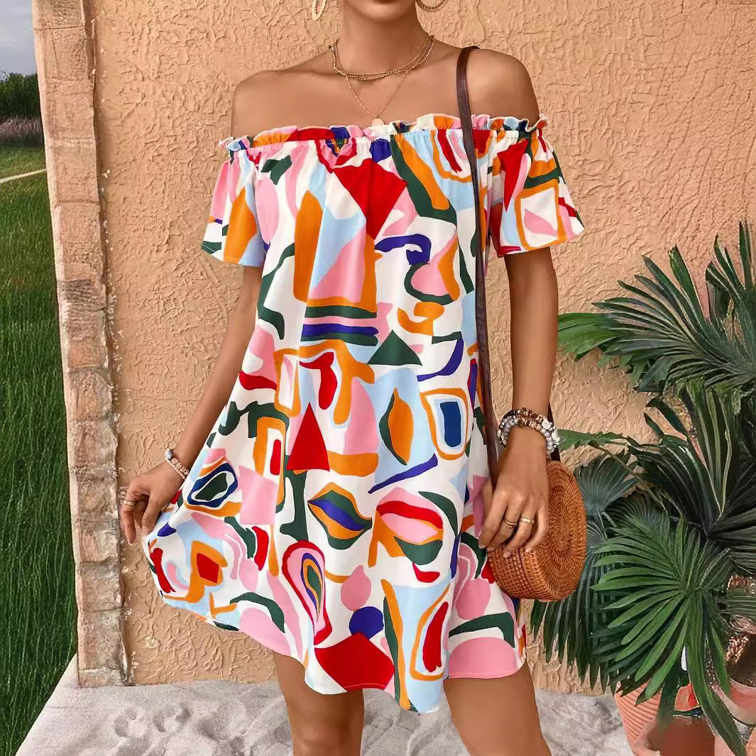 Robe mini A-line sans manches avec col élastique froncé et manches volantées R&B