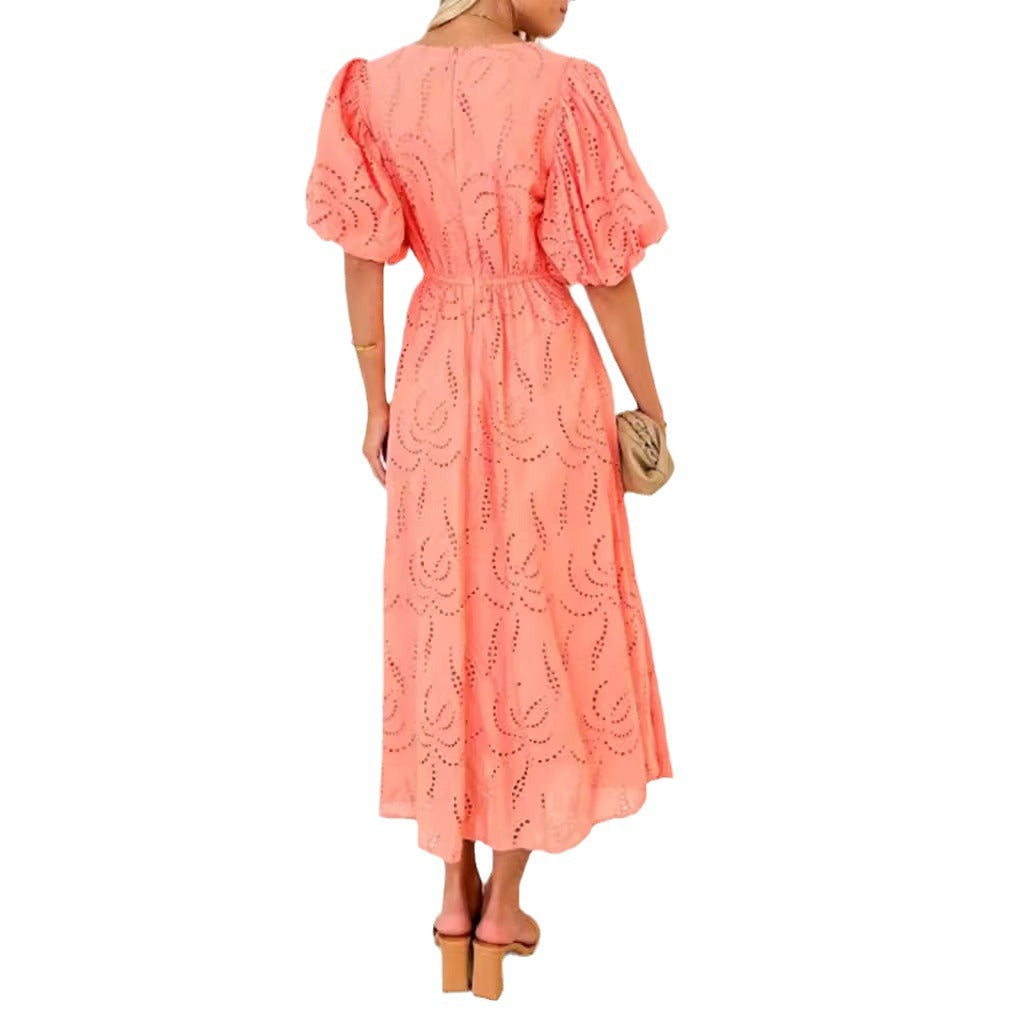 Robe midi cintrée pour femmes avec broderie ajourée et manches ballon volumineuses R&B
