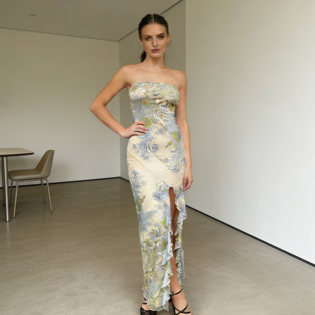 Robe maxi sans bretelles pour femmes avec volants et motif floral R&B