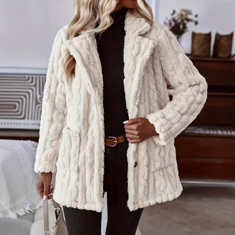 Manteau Teddy Femme avec Grand Col et Boutonnage Frontal