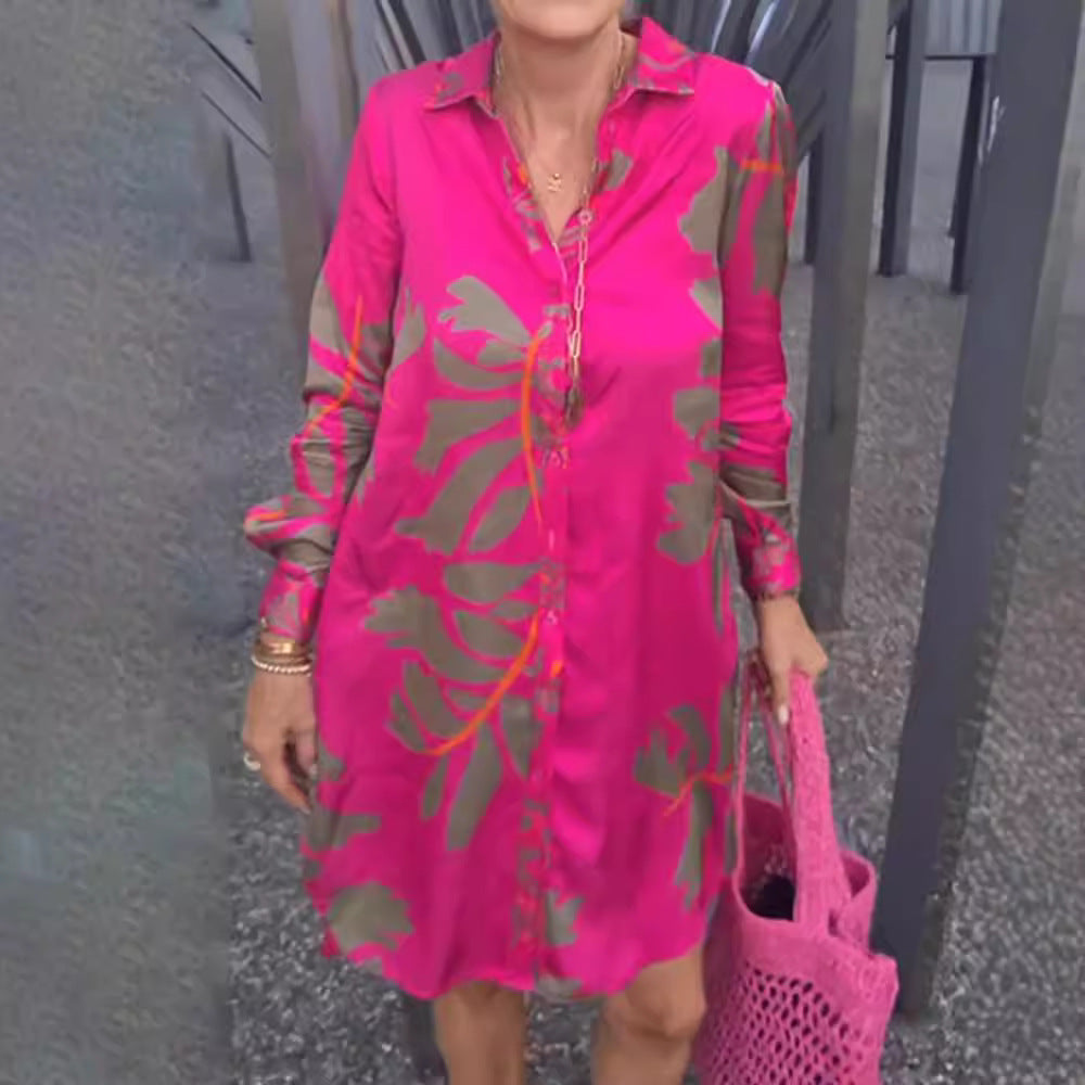 Robe chemise à manches longues pour femmes, tombé décontracté, avec boutonnière intégrale, col de chemise, manches avec poignets et grand imprimé botanique R&B