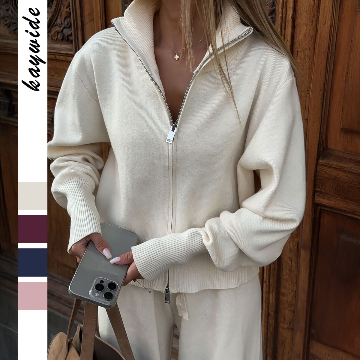 Ensemble de loungewear en tricot pour femmes avec col montant, fermeture éclair et pantalon taille haute large Echo Archiv
