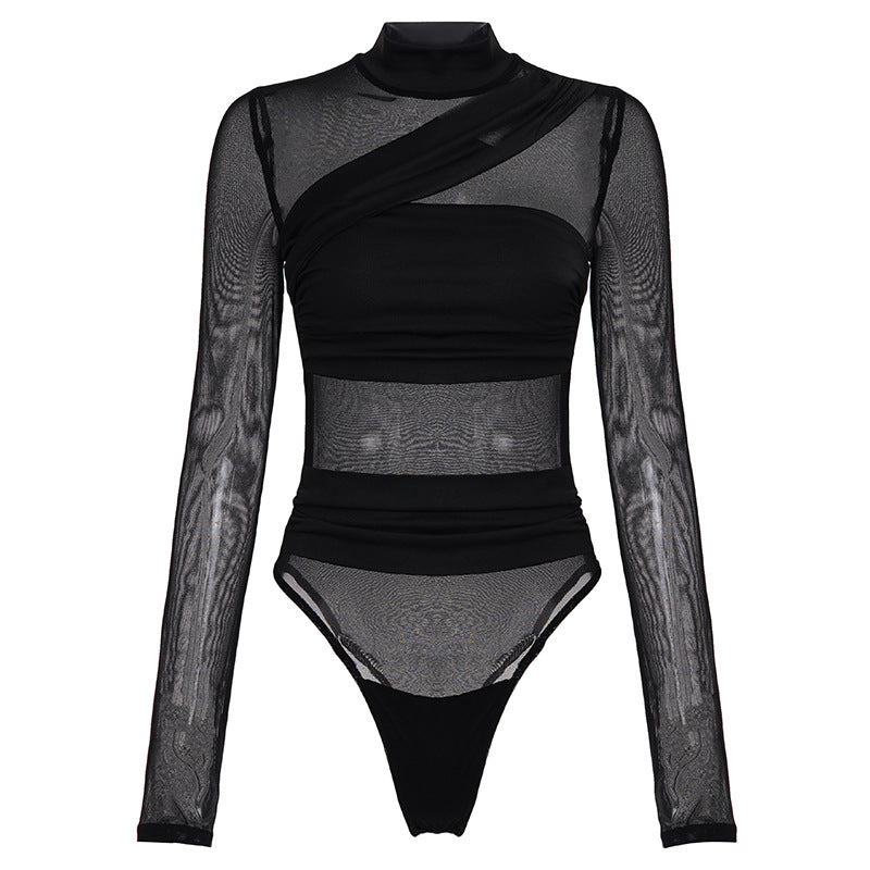 Body à manches longues pour femmes avec design en tulle transparent et coupe élégante R&B