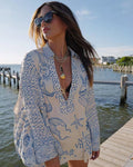 Robe de plage légère pour femmes en forme de tunique avec décolleté en V profond, fermeture à pompons et imprimé nautique R&B