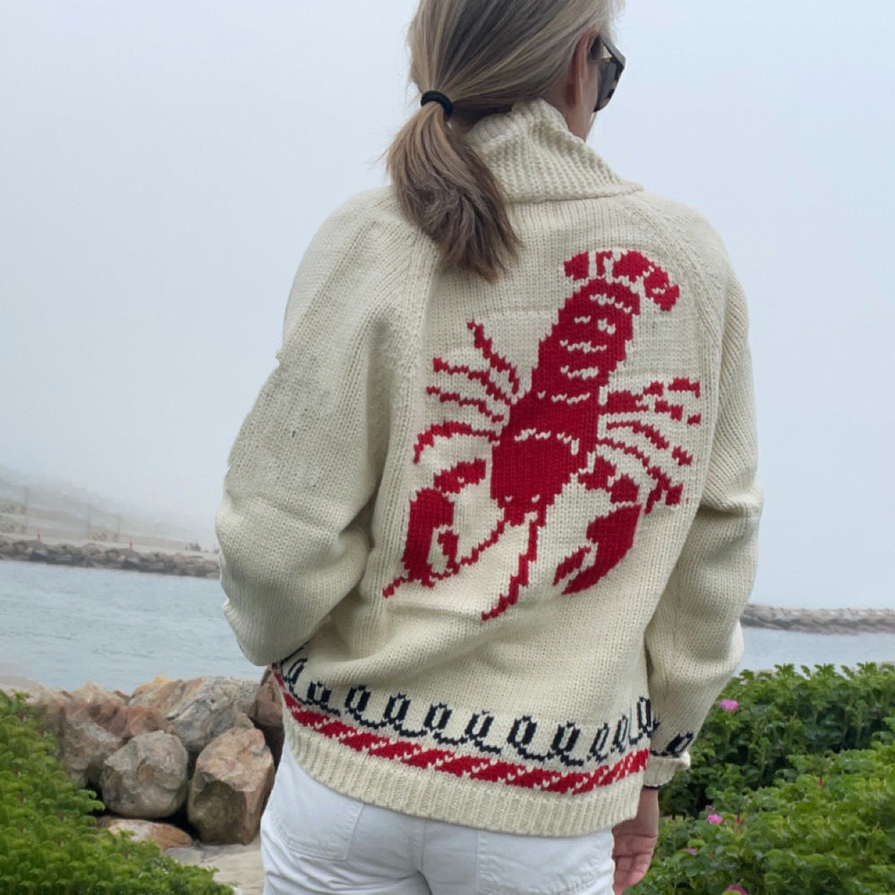 Cardigan en tricot oversize pour femmes avec motif de baleine et bordure nautique Echoarchiv