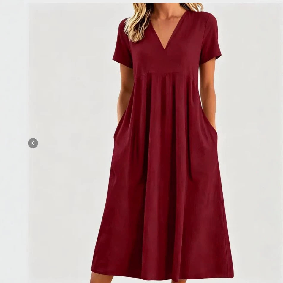 Robe midi à décolleté en V pour femmes avec poches et couture empire froncée R&B