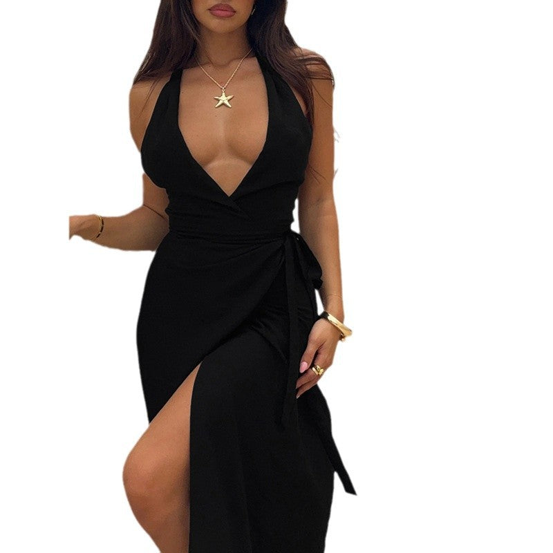 Robe maxi portefeuille pour femmes avec décolleté en V profond et lien élégant R&B