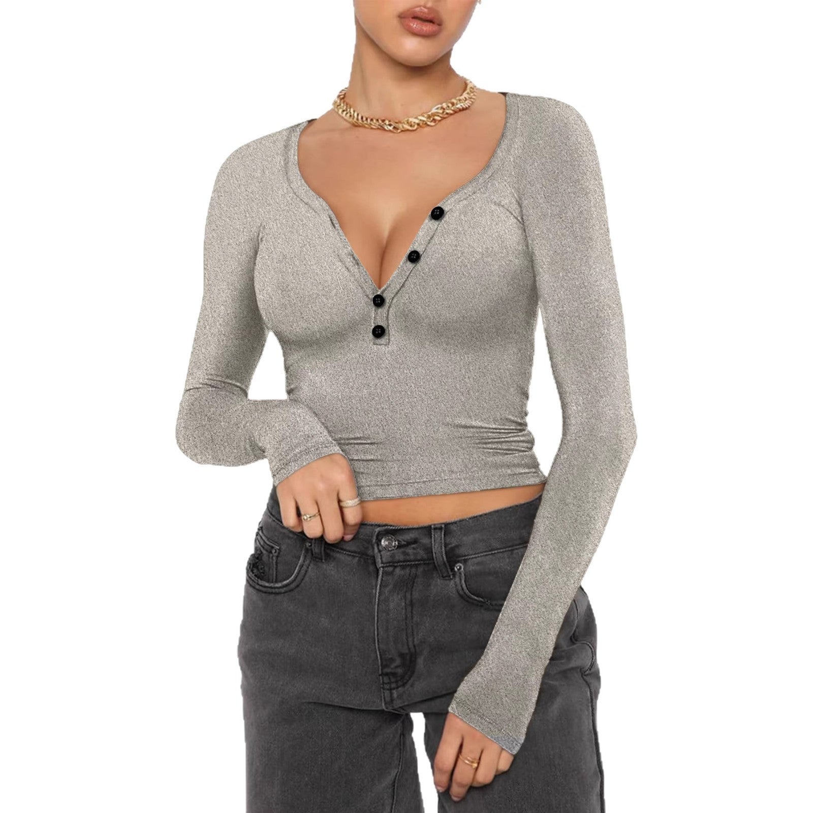 T-shirt à manches longues ajusté pour femmes avec patte de boutonnage Henley et décolleté en V profond Echo Archiv