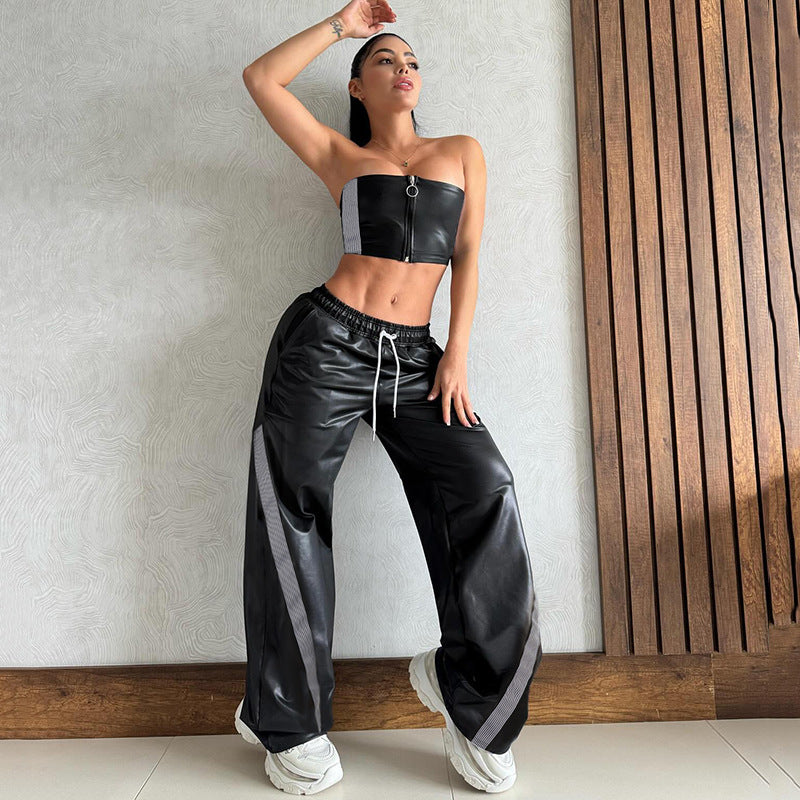 Pantalons de sport en simili cuir large pour femmes avec taille élastique, cordon de serrage et bandes latérales Echo Archiv
