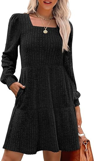 Robe Minikleid A‑Ligne Tricotée pour Femmes avec Décolleté Carré, Jupe à Volants et Poches Latérales