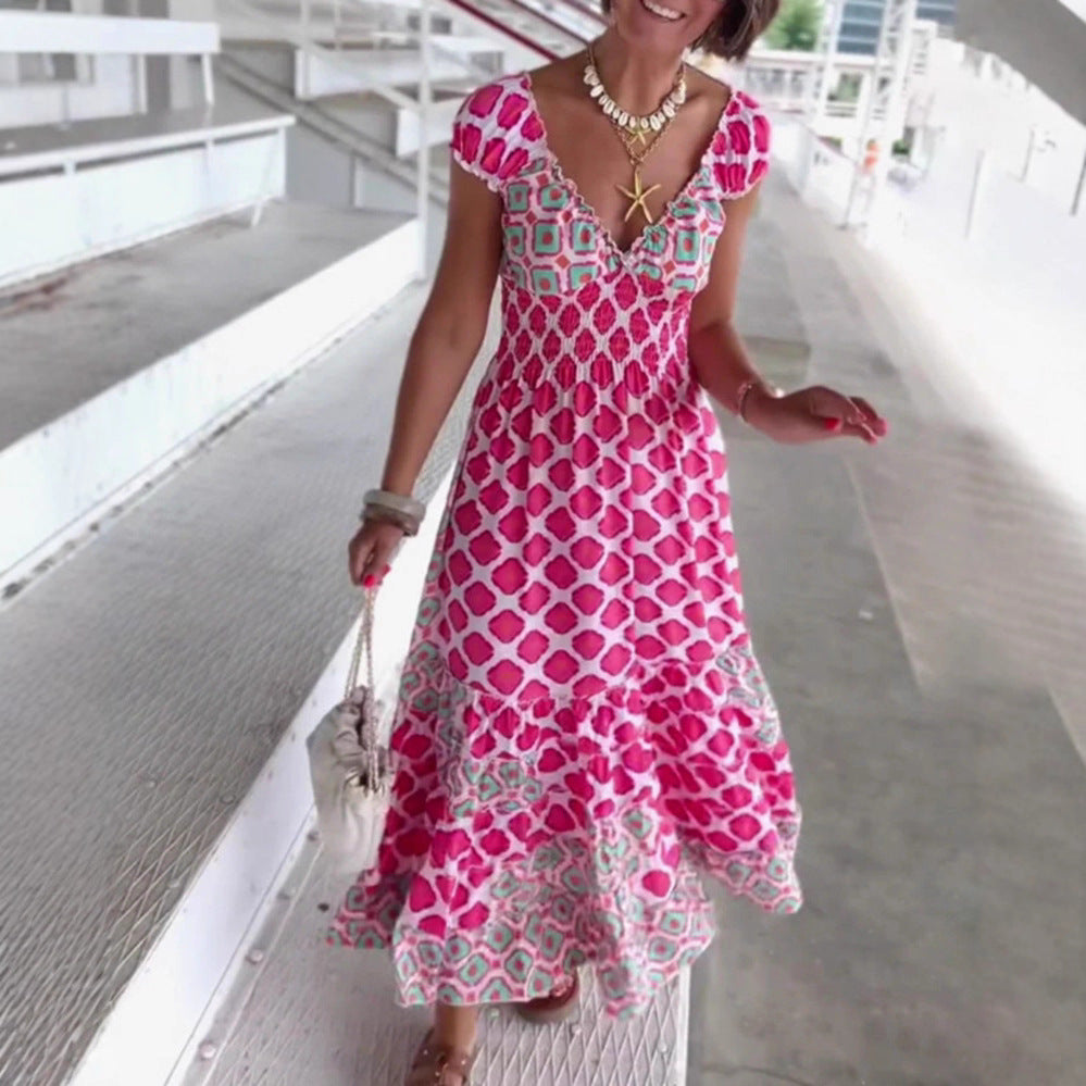 Robe à volants d'été pour femmes avec un haut smocké, décolleté en V et manches bouffantes R&B