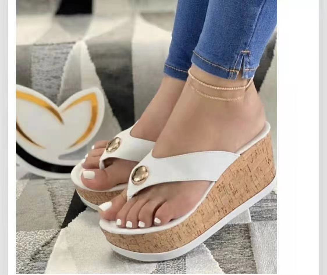 Mules à talon compensé pour femmes avec semelle en liège élégante et sangles décoratives R&B