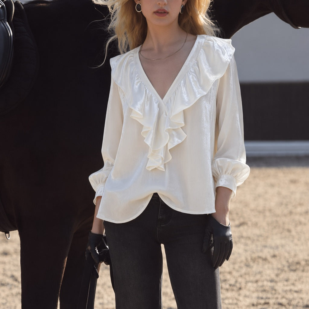 Blouse à volants en V scintillante pour femmes avec manches ballon et poignets élastiques