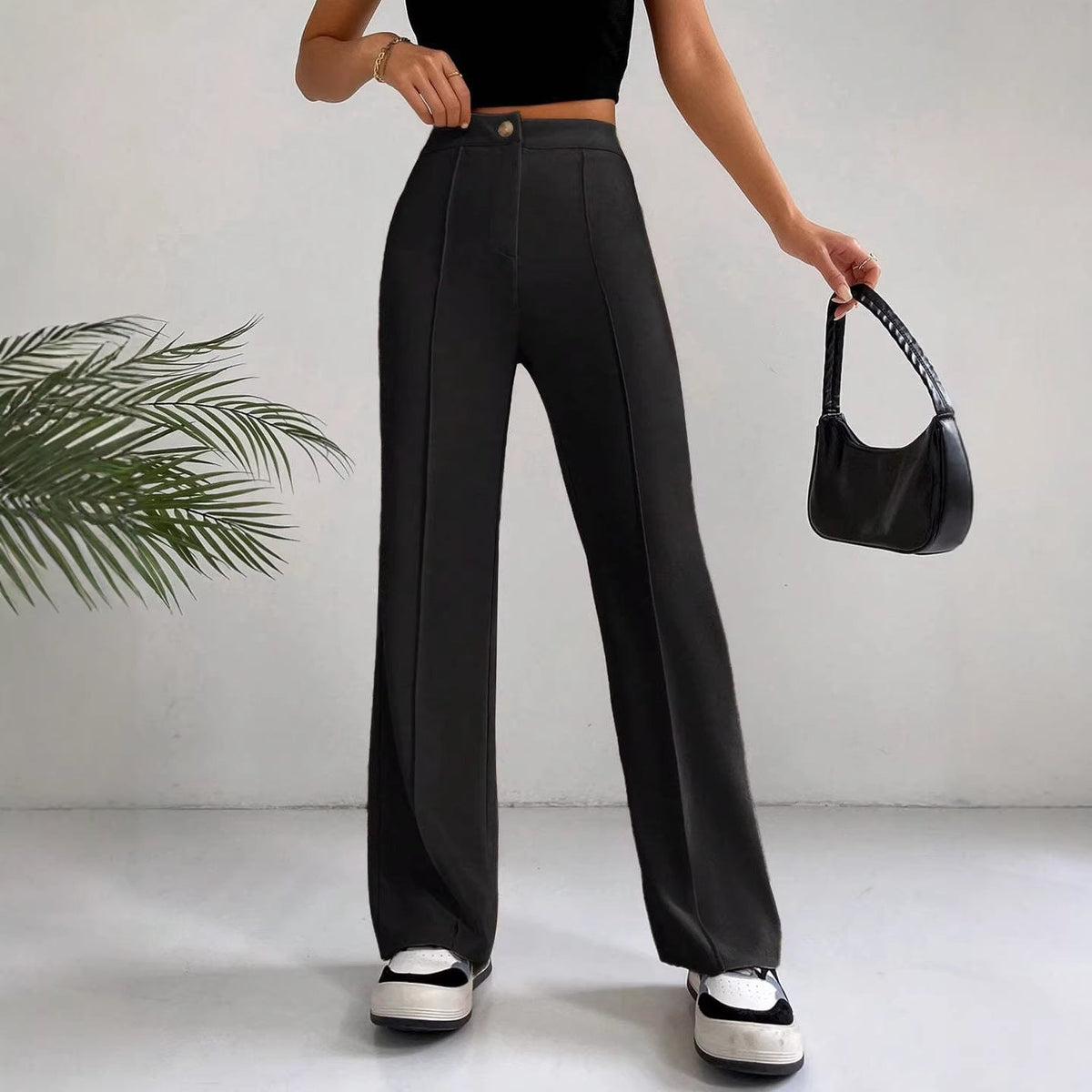 Pantalon Palazzo Femme Taille Haute avec Pli Marqué et Jambes Amples