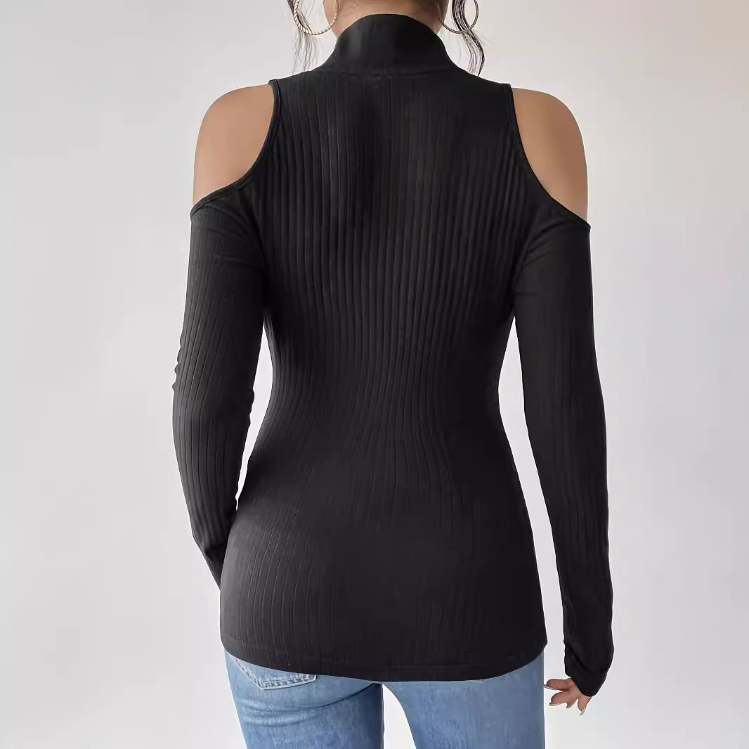 Top en tricot côtelé ajusté pour femmes avec décolleté épaule, col montant et fermeture éclair à anneau R&B