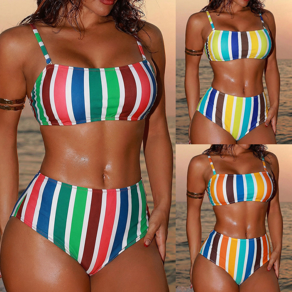 Bikini femme à taille haute avec larges rayures R&B