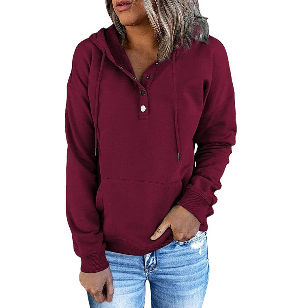 Sweat à capuche pour femmes avec patte de boutonnage Henley, poche kangourou et coupe décontractée Echoarchiv