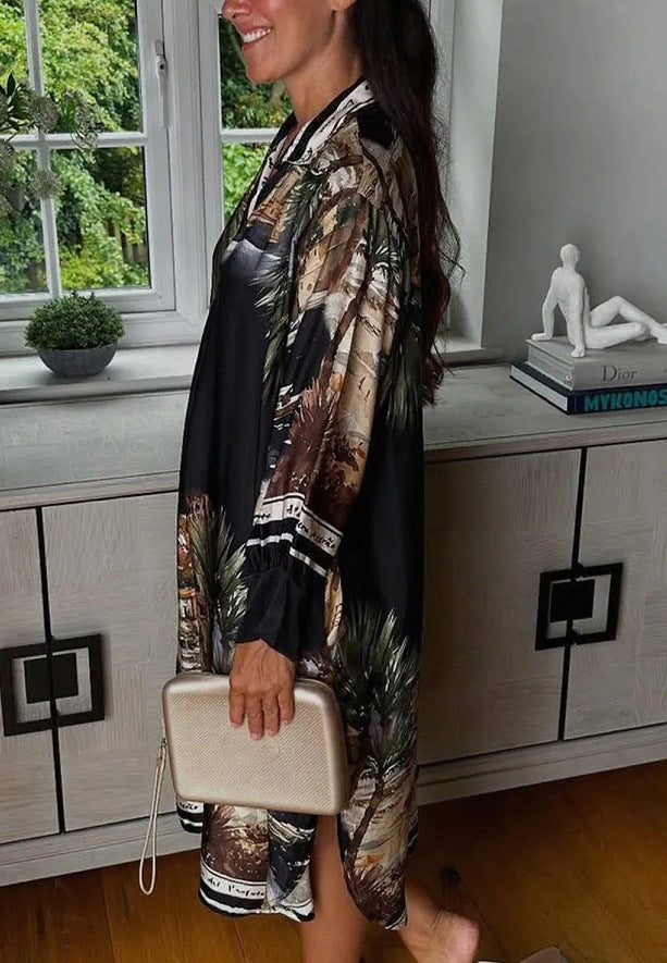 Robe chemise en aspect soie pour femmes au style caftan avec imprimé côtier illustratif R&B