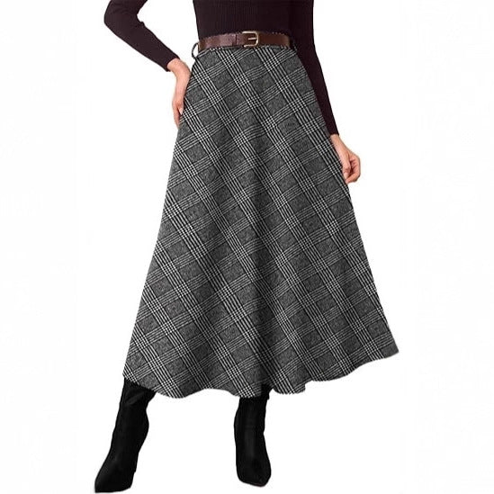 Jupe midi à carreaux en A pour femmes avec taille haute et poches latérales