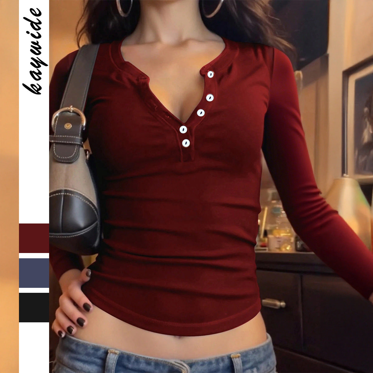 T-shirt Henley ajusté pour femmes avec boutonnière en V, jersey extensible sculptant et silhouette fine Echo Archiv