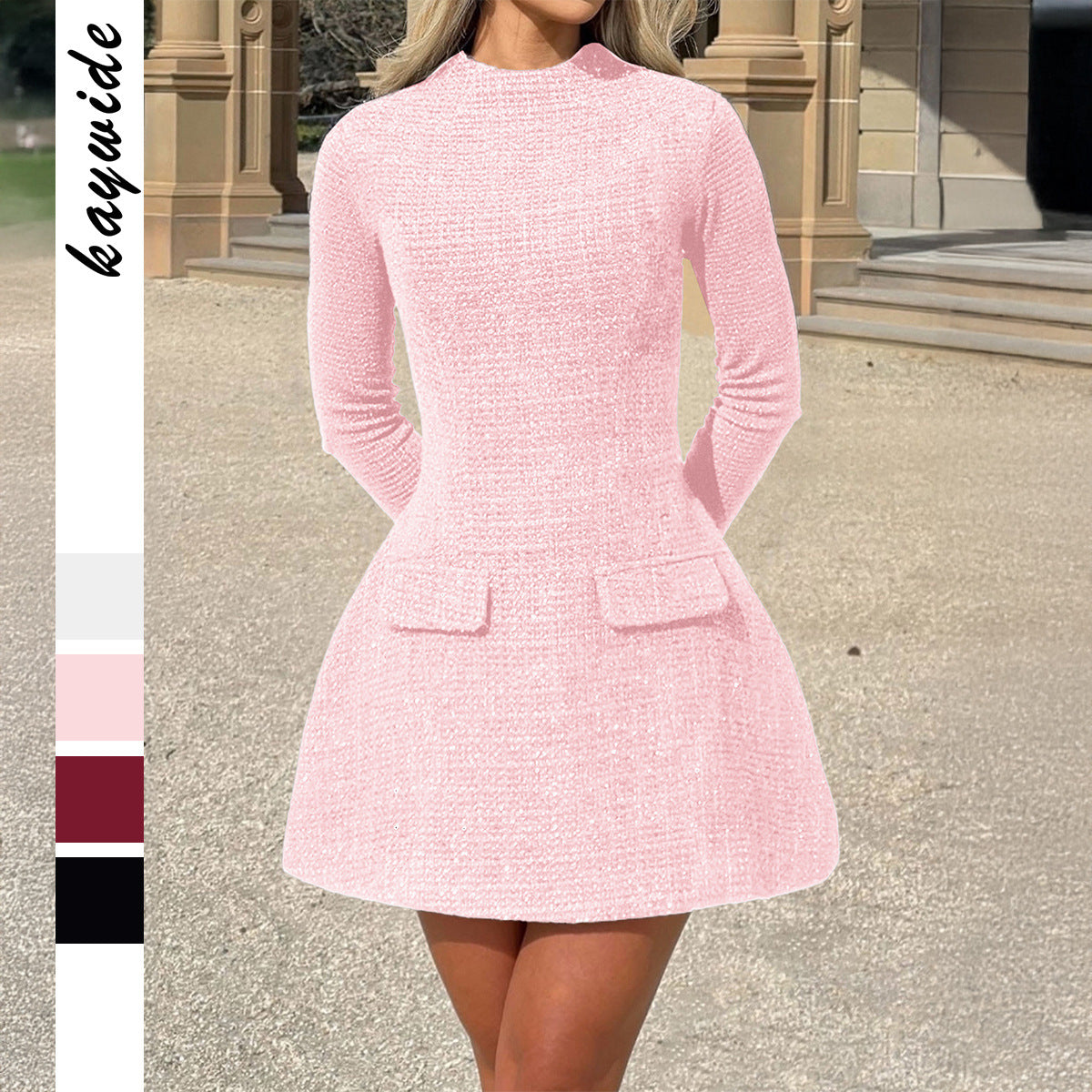 Robe mini en bouclé cintrée pour femmes avec col montant, manches longues, jupe évasée et poches à rabat décoratives Echo Archiv